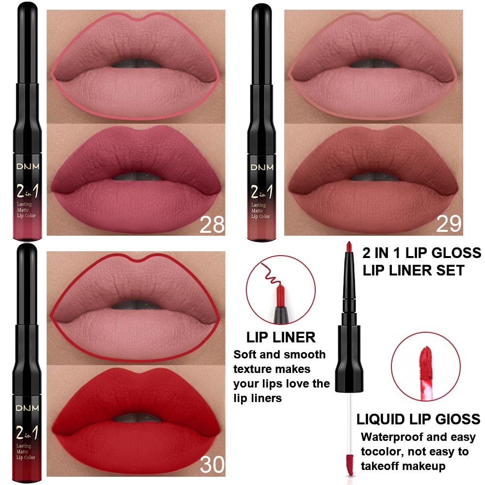 evpct 3Pcs Mauve Neutral Light Rosey Nude Blue Red Matte Liquid Lipstick and Lip Liner Stain Sets