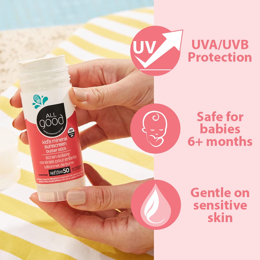 All Good Baby & Kids Mineral Sunscreen Butter Stick for Face, Nose, Ears - UVA/UVB Broad Spectrum