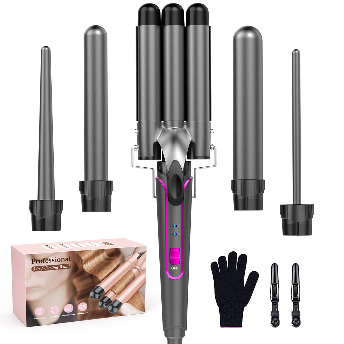 BESTOPE PRO 5 in 1 Curling Wand Set - 3 Barrel Hair Crimper, Fast Heating Ceramic Curling Iron