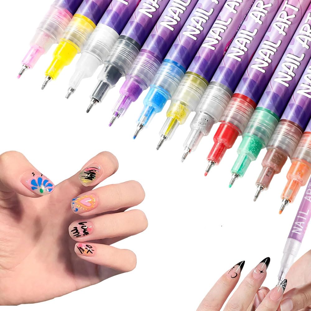 12 Colors Nail Art Pens Set, Nail Art Markers Doodle Pen for Kids Adults, Nail Art Tools for