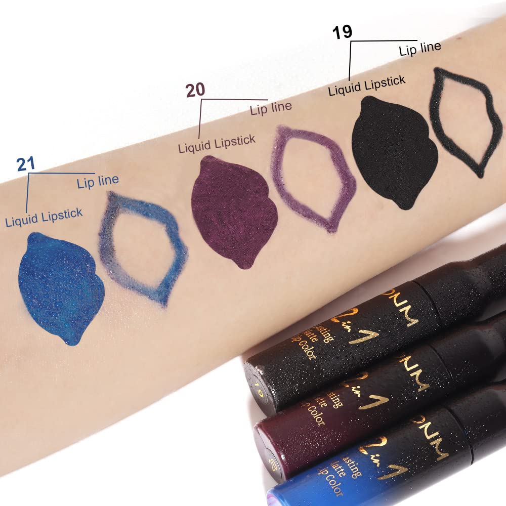 evpct 3Pcs Dark Black Purple Royal Blue Matte Lip Liner and Liquid Lipstick Lip Stain Makeup Set