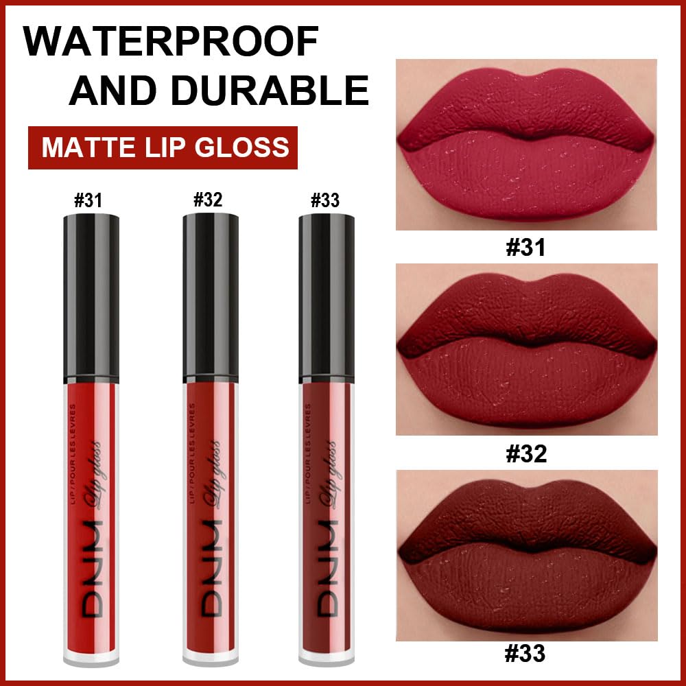 evpct 3Pcs Dark Deep Ruby Light Rose red Brown red Matte Liquid Lipstick Sets for Women 24-hour