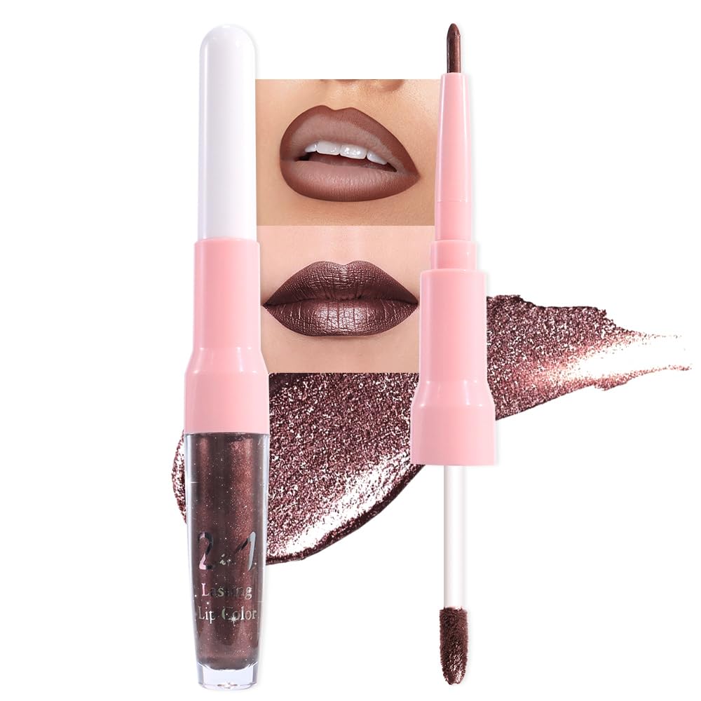 evpct Dark Brown Metallic Glitter Lip Liner and Lipstick Combo Lip Gloss Stain Set Makeup for Women