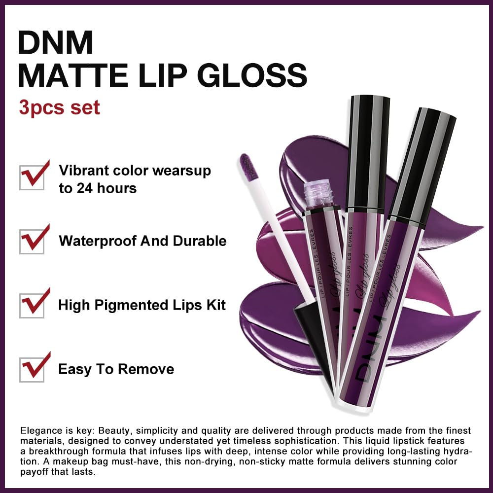 evpct 3Pcs Dark Purple Mauve Plum Maroon Matte Liquid Lipstick Lip Stain Sets for Women
