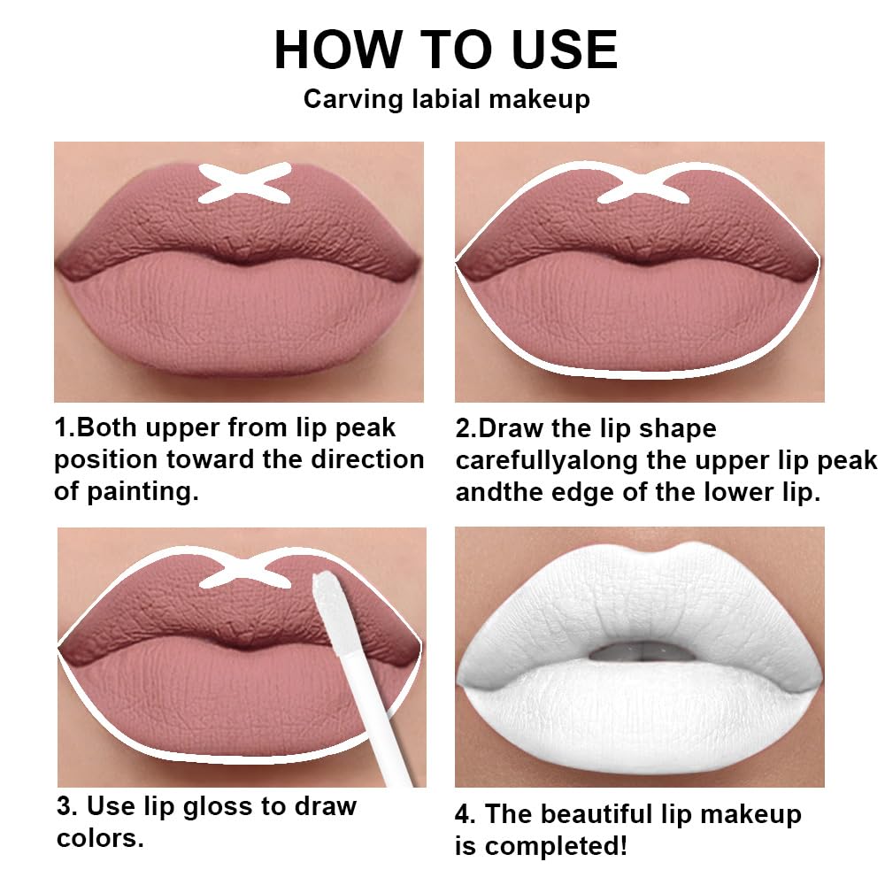 evpct 2Pcs White Matte Liquid Lipstick Lip Gloss Stain and Retractable Lip Liner Makeup Set for