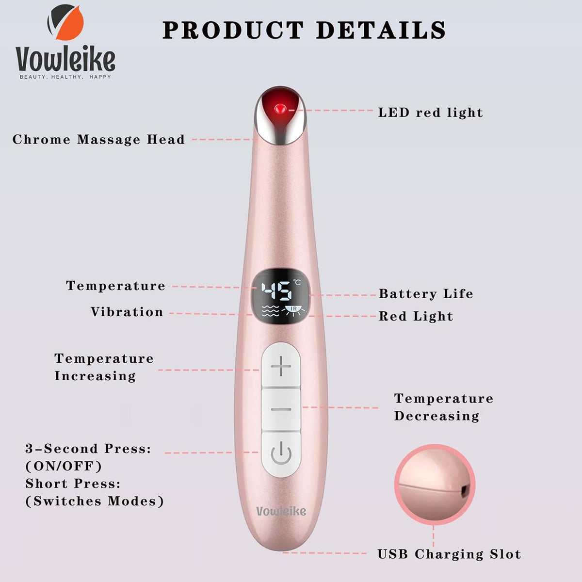 Eye Lift Wand, 3 in 1 Vibrating 98°F to 113°F LCD Eye Massager for Dry Eyes, Dark Circles and
