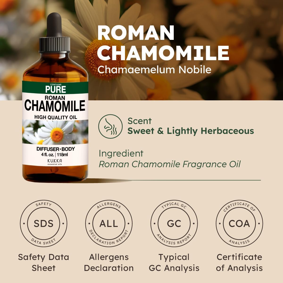 Kukka Roman Chamomile Essential Oil for Tranquil Retreats and Peaceful Relaxation - 4 Fl Oz