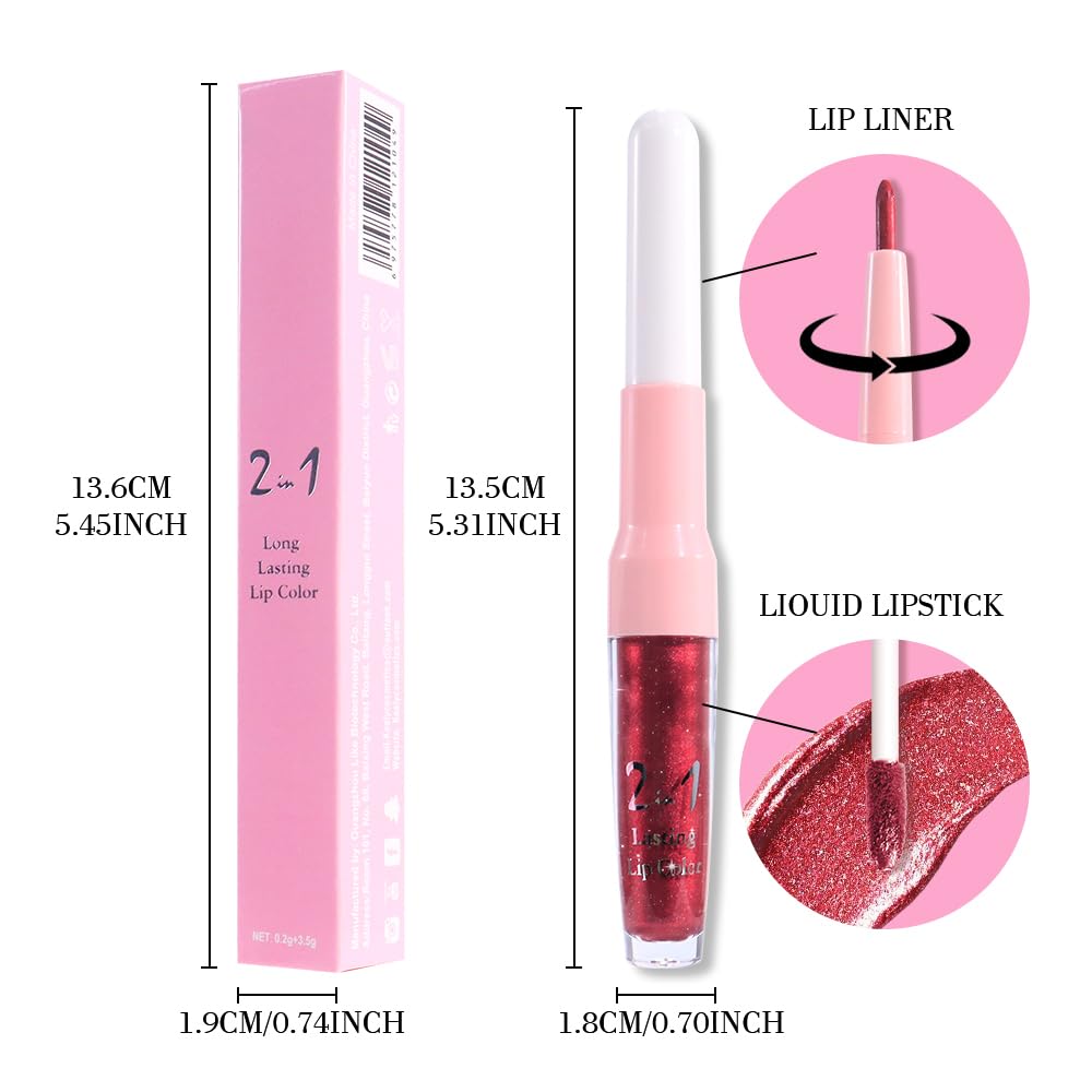 evpct Dark Red Metallic Glitter Lip Liner and Lipstick Combo Lip Gloss Stain Set Makeup for Women