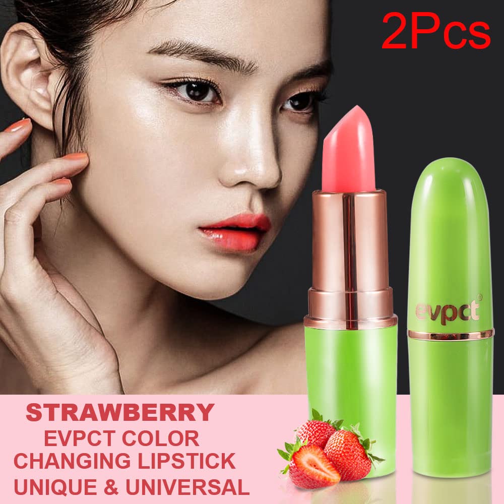 evpct 2Pcs Strawberry Color Changing Lipstick Tinted Lip Balm Gloss Stain Set Magic PH Color