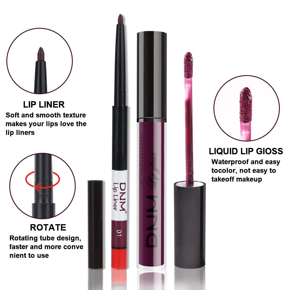 evpct 2Pcs Purple Plum Matte 24-hour Liquid Lipstick and Lip Liner Pencil Makeup Set Women Dark Red