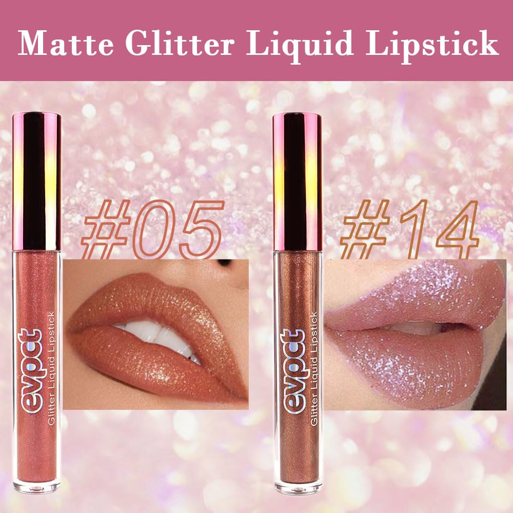 evpct 2Pcs Bronze Gold Nude Gold Matte to Glitter Liquid Lipstick Set for Women Long Lasting Glossy