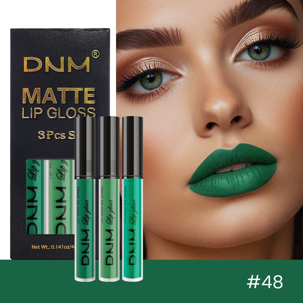 evpct 3Pcs Dark Pale Teal Forest Emerald Green Matte Glitter Shimmer Shiny Liquid Lipstick Lip