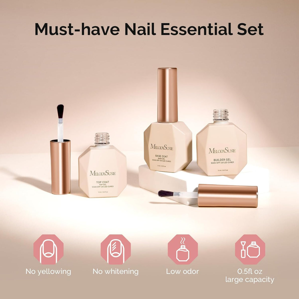 MelodySusie Top Coat Builder Gel Base Coat No Wipe Glossy Set Long Lasting Shine Finish Soak Off UV