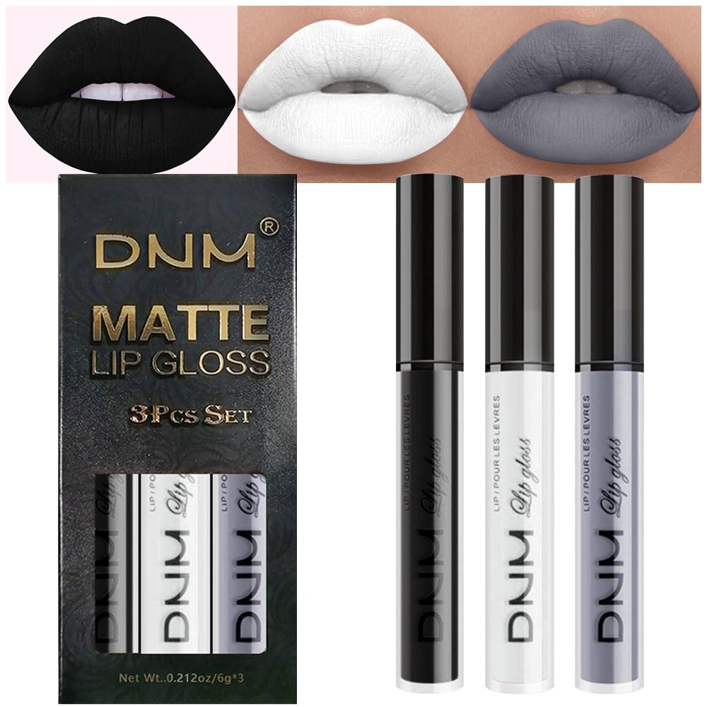 evpct 3Pcs Dark Black Grey Gray White Matte Liquid Lipstick Lip Stain Sets for Women Matte+Lipstick