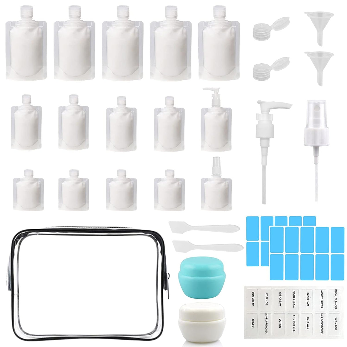 29 PCS Travel Size Refillable Empty Squeeze Pouch TSA Approved Travel Pouches for Toiletries Liquid