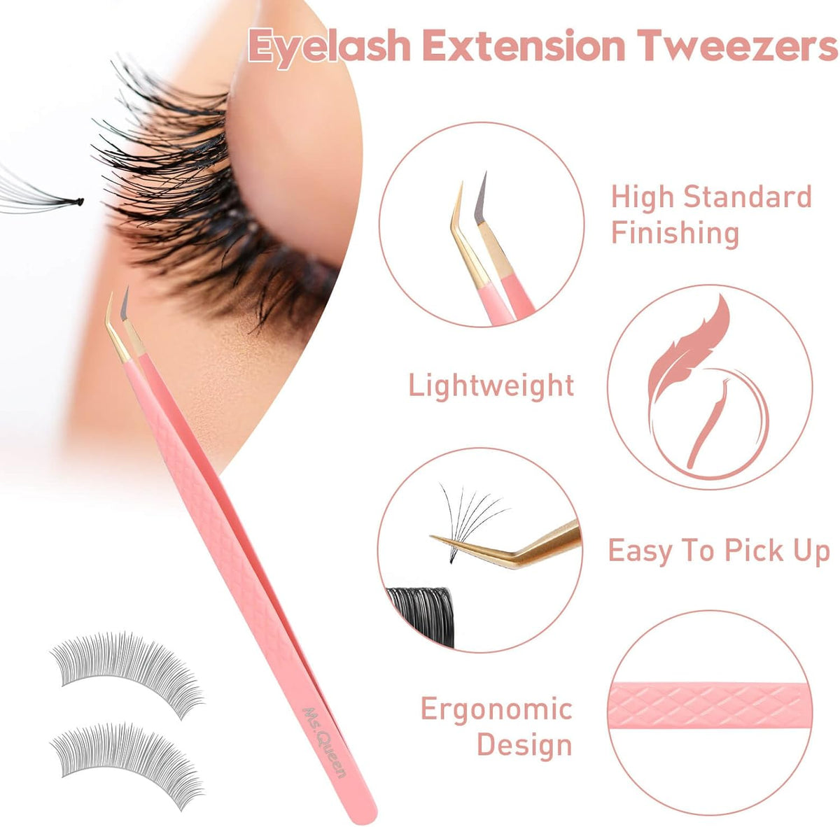 Ms.Queen Lash Tweezers for Eyelash Extensions,5Pcs Precision Fiber Tip Grip Curved 45 90 Degree