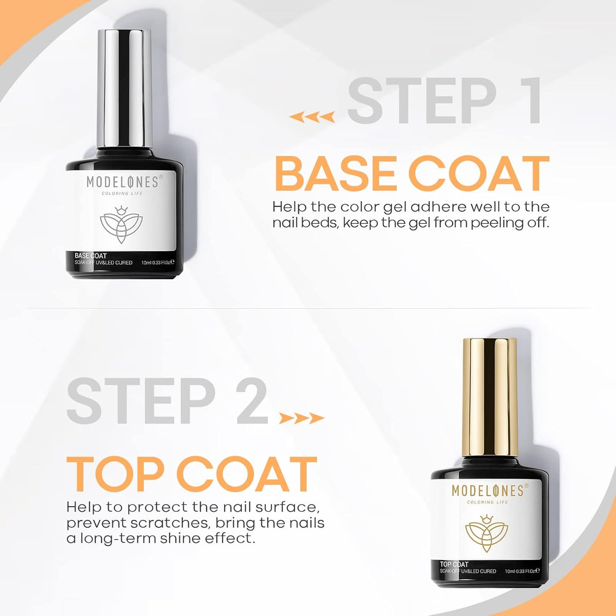 modelones Gel Top Coat and Base Coat, 2 Pcs No Wipe Clear Base and Top Coat Set for Gel Nail Polish