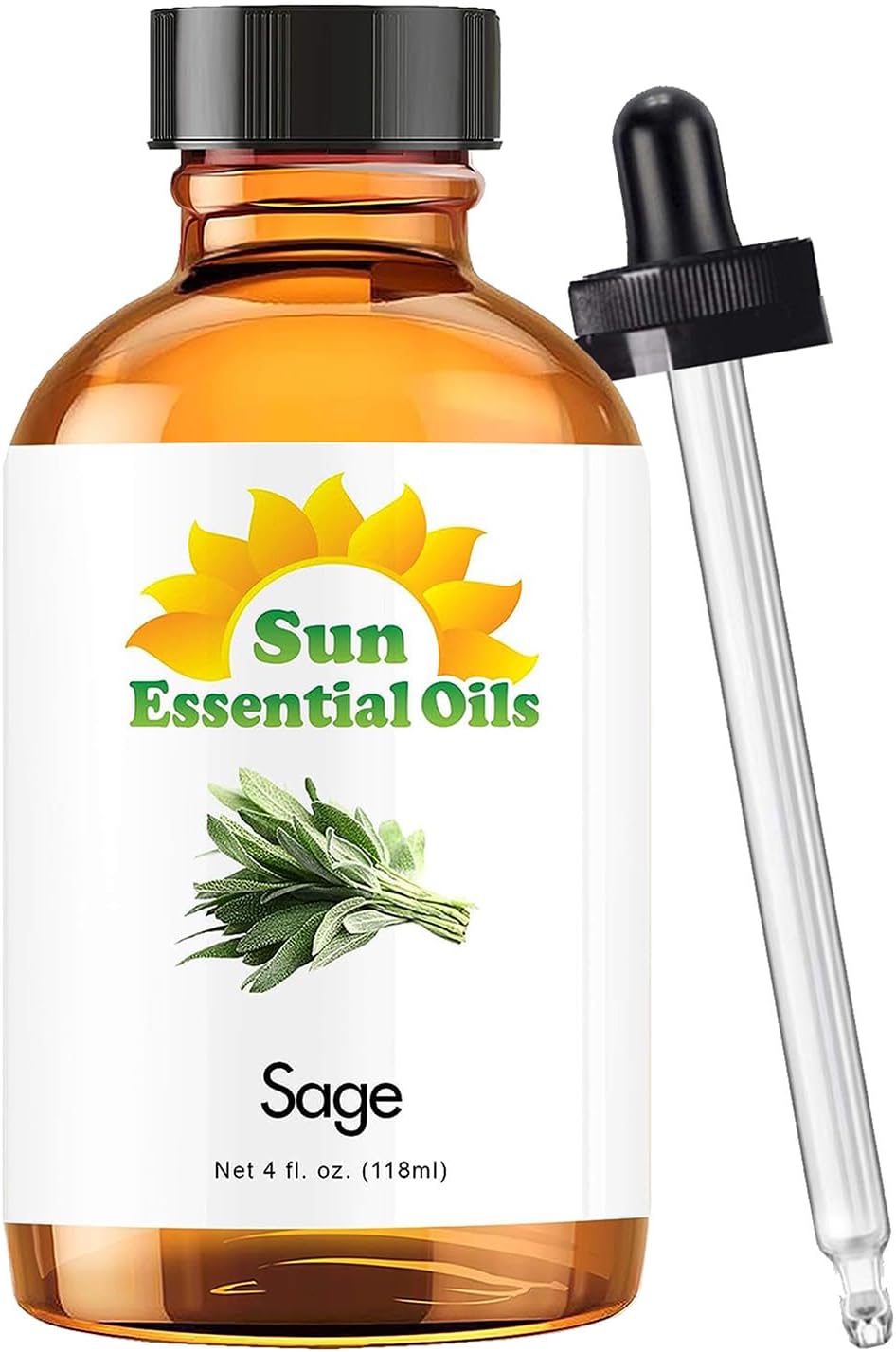 Sun Essential Oils – Sage Essential Oil 4 oz with Dropper for Diffuser, Skin, Aromatherapy Massage
