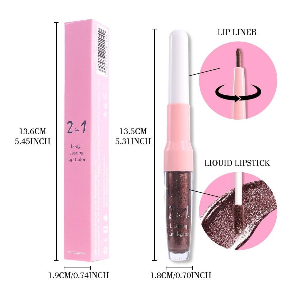evpct Dark Brown Metallic Glitter Lip Liner and Lipstick Combo Lip Gloss Stain Set Makeup for Women