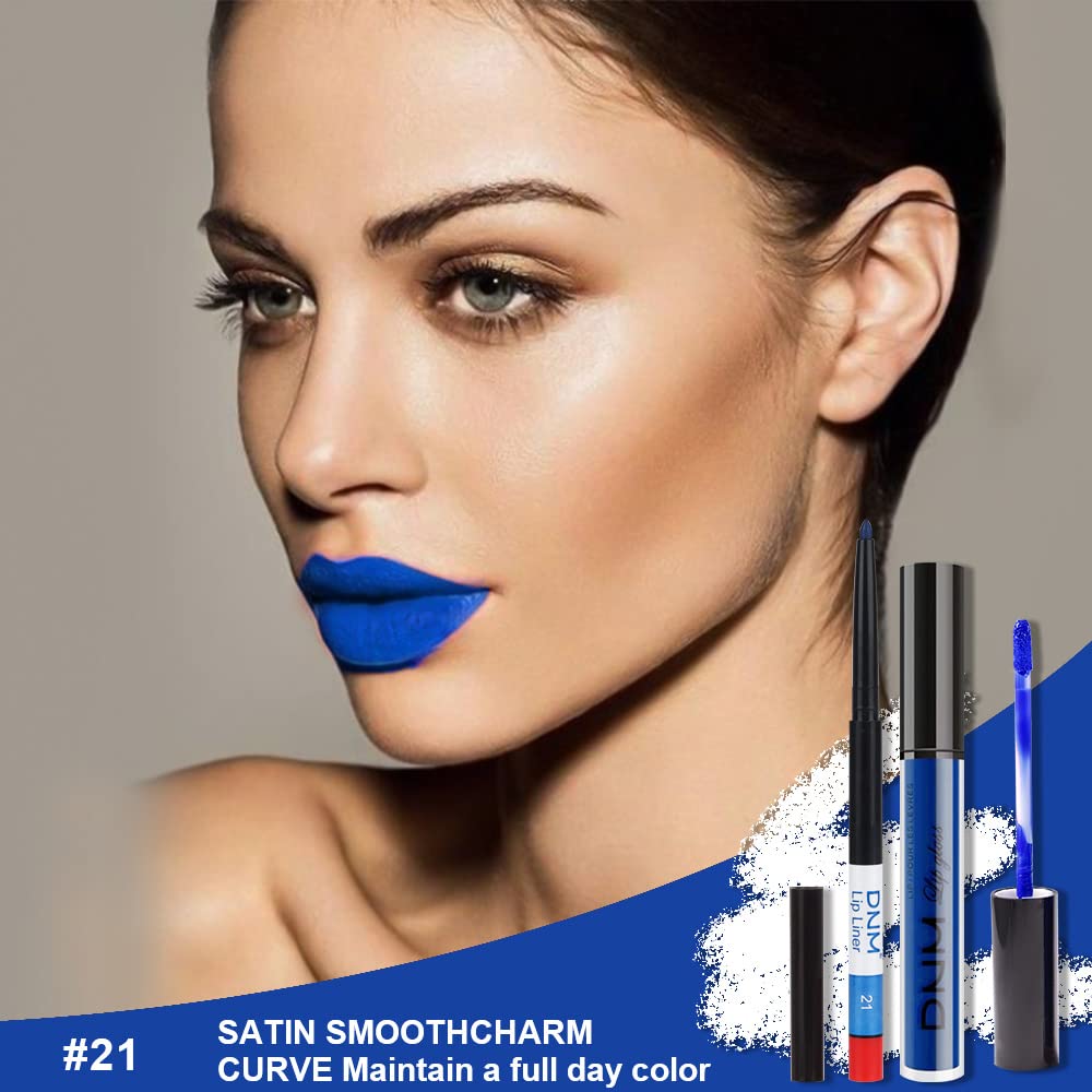 evpct 2Pcs Royal Light Blue Matte Liquid Lipstick and Lip Liner Pencil Makeup Set Blue Lipstick 24H