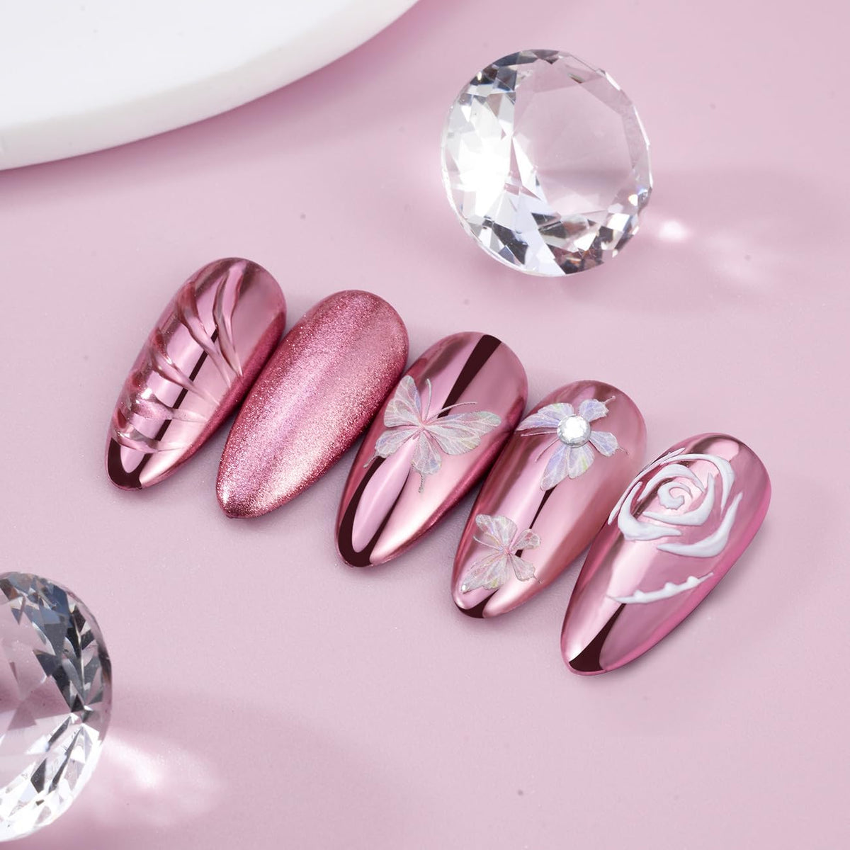 Pretty Diva Chrome Nail Powder - Rose Gold/Pink Nails Chrome Powder Mirror Effect, Premium Metallic