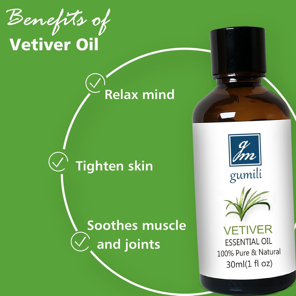 Vetiver Essential Oil 1 Oz - 100% Pure & Natural Vetiver Oil for Diffuser, Aromatherapy, Skin