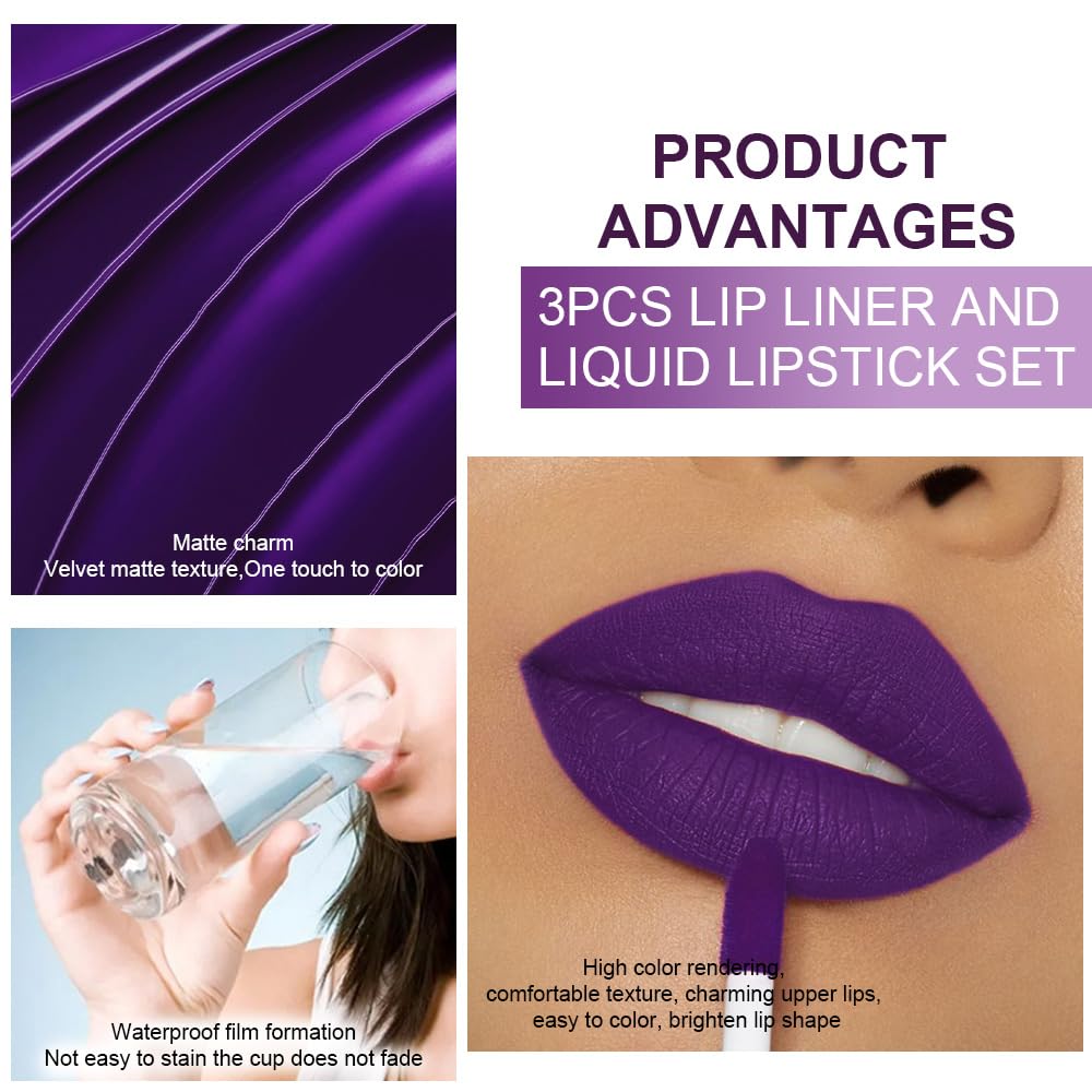 evpct 3Pcs Lavender Dark Violet Purple Matte Lip Liner & Liquid Lipstick Stain Makeup Set for