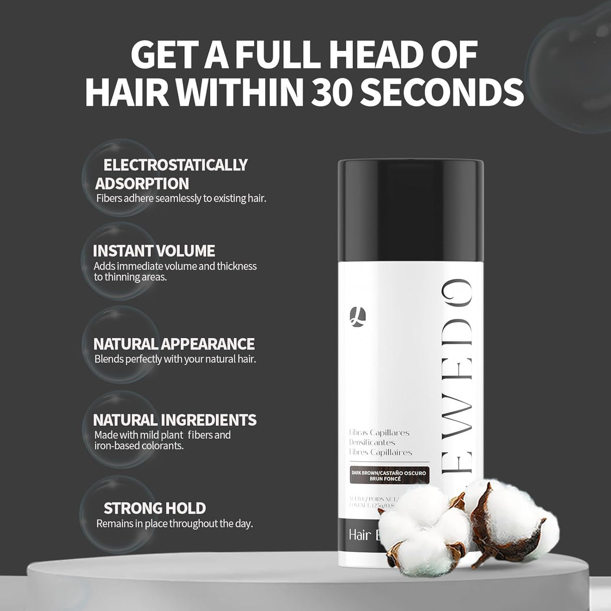 Hair Building Fibers - Instant Volume for Thinning Hair, Natural Appearance with Electrostatic