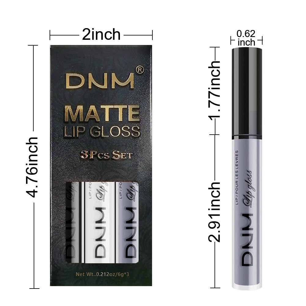 evpct 3Pcs Dark Black Grey Gray White Matte Liquid Lipstick Lip Stain Sets for Women Matte+Lipstick
