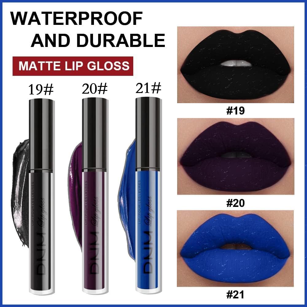 evpct 3Pcs Dark Black Purple Blue Matte Liquid Lipstick Halloween for Women Long Lasting Smudge