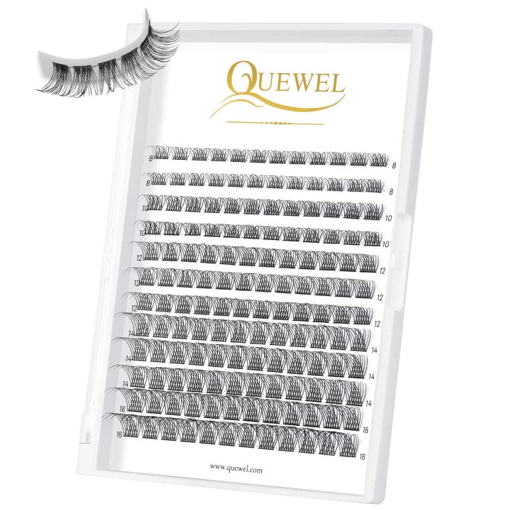 QUEWEL Cluster Lashes 144 Pcs Wide Stem Individual Lashes C/D Curl 8-16mm Length DIY Eyelash