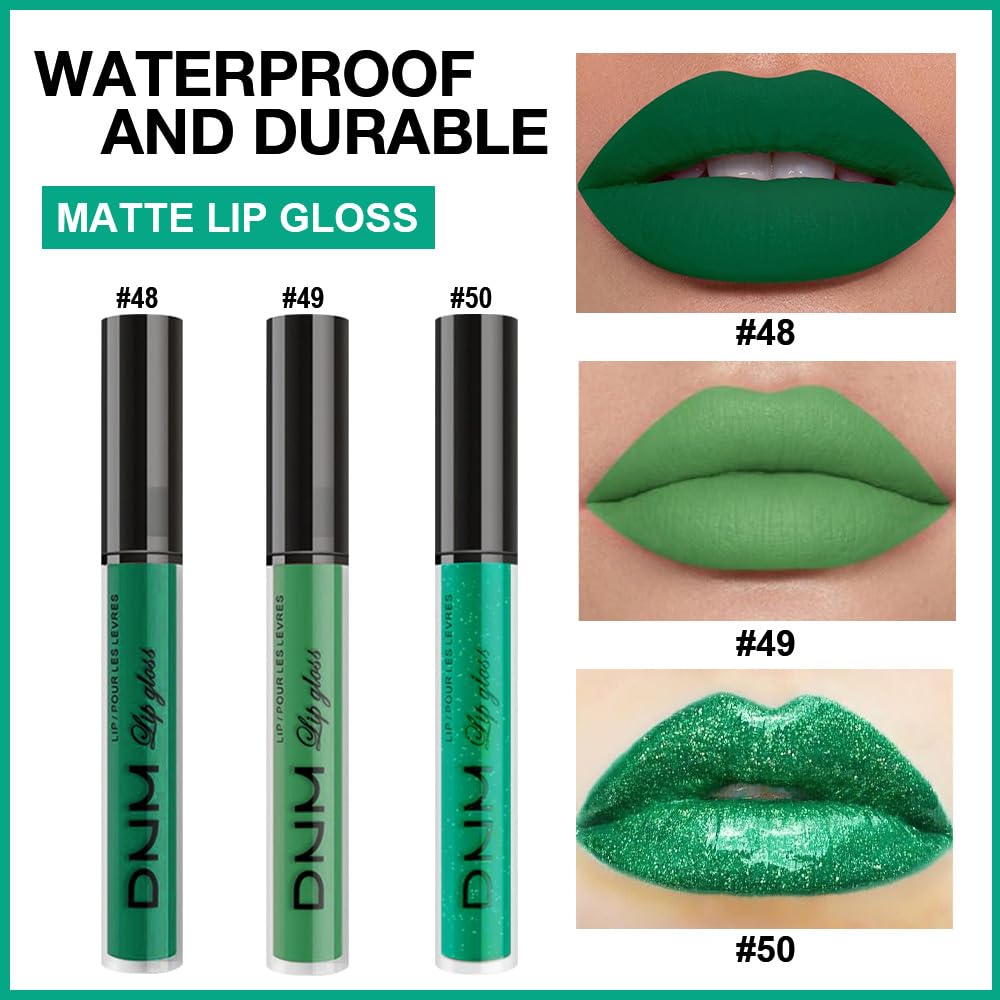 evpct 3Pcs Dark Pale Teal Forest Emerald Green Matte Glitter Shimmer Shiny Liquid Lipstick Lip