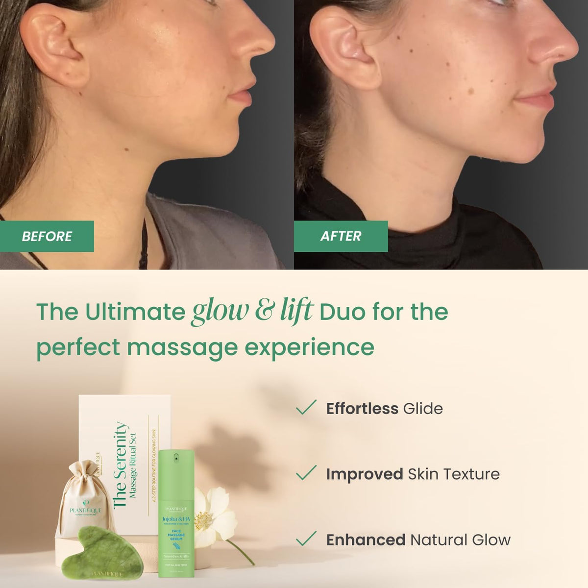 PLANTIFIQUE Massage Ritual Set: Premium Certified Jade Gua Sha + Jojoba Oil & HA Serum Skin Care