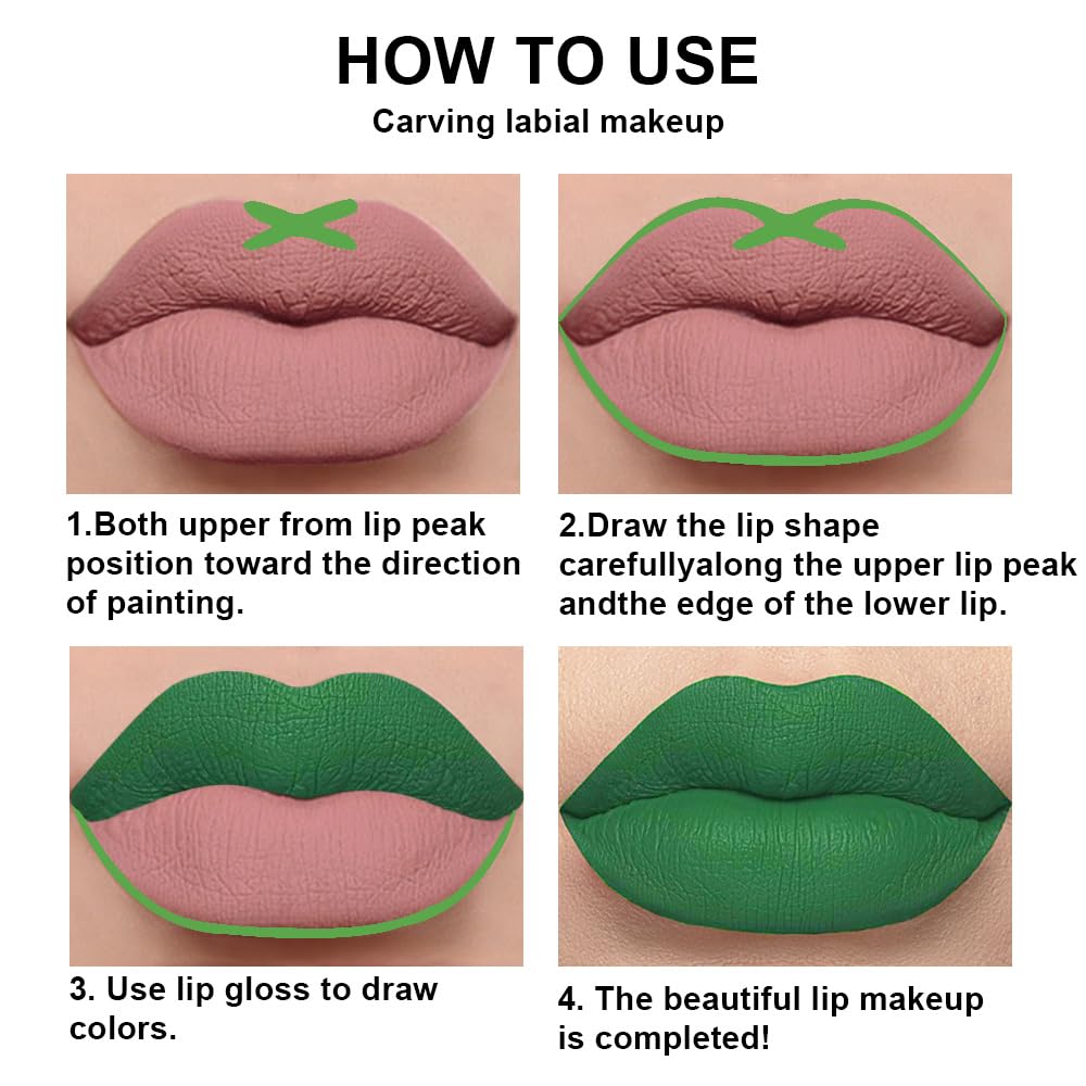 evpct 2Pcs Light Festival Green Matte Liquid Lipstick Lip Gloss Stain and Retractable Lip Liner
