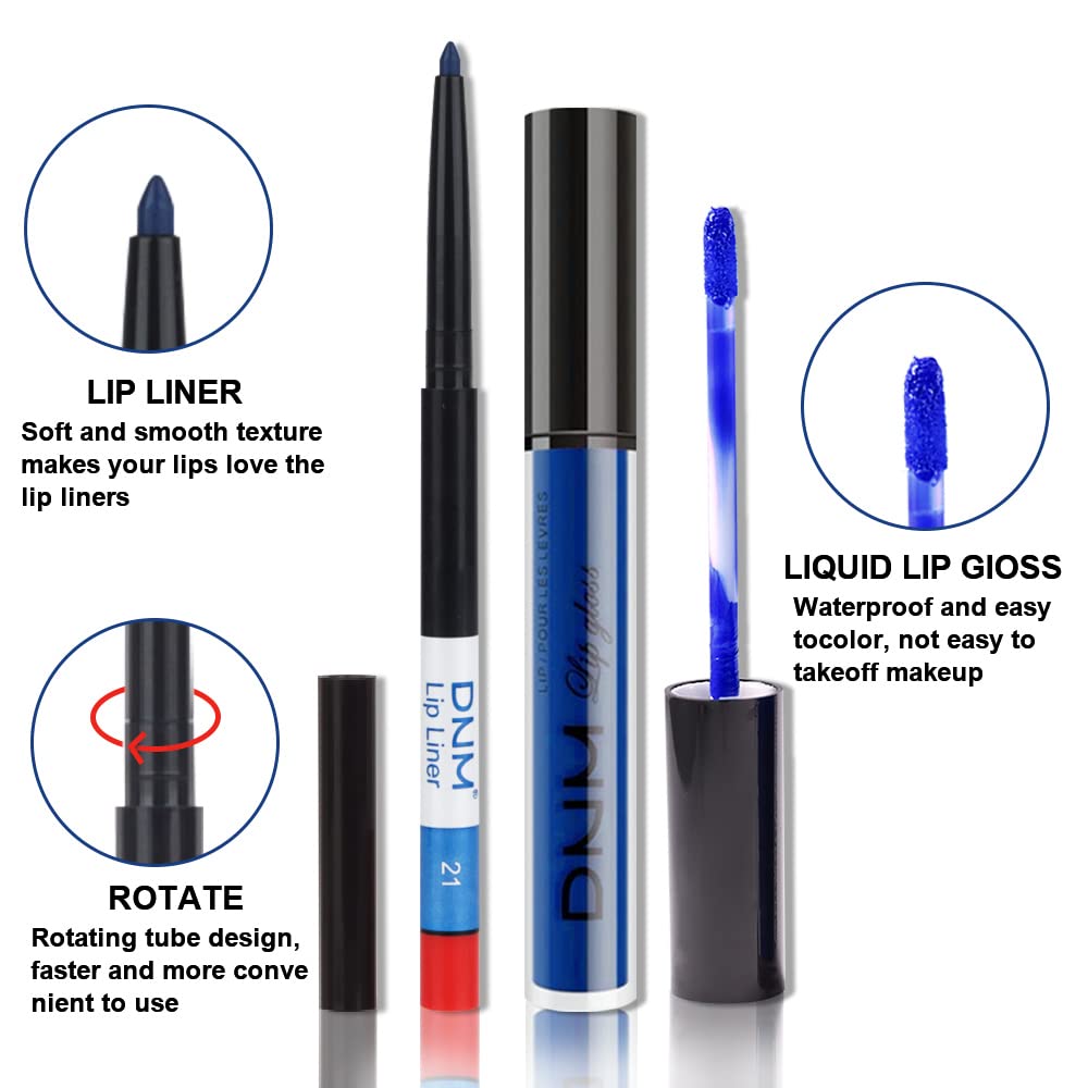 evpct 2Pcs Royal Light Blue Matte Liquid Lipstick and Lip Liner Pencil Makeup Set Blue Lipstick 24H