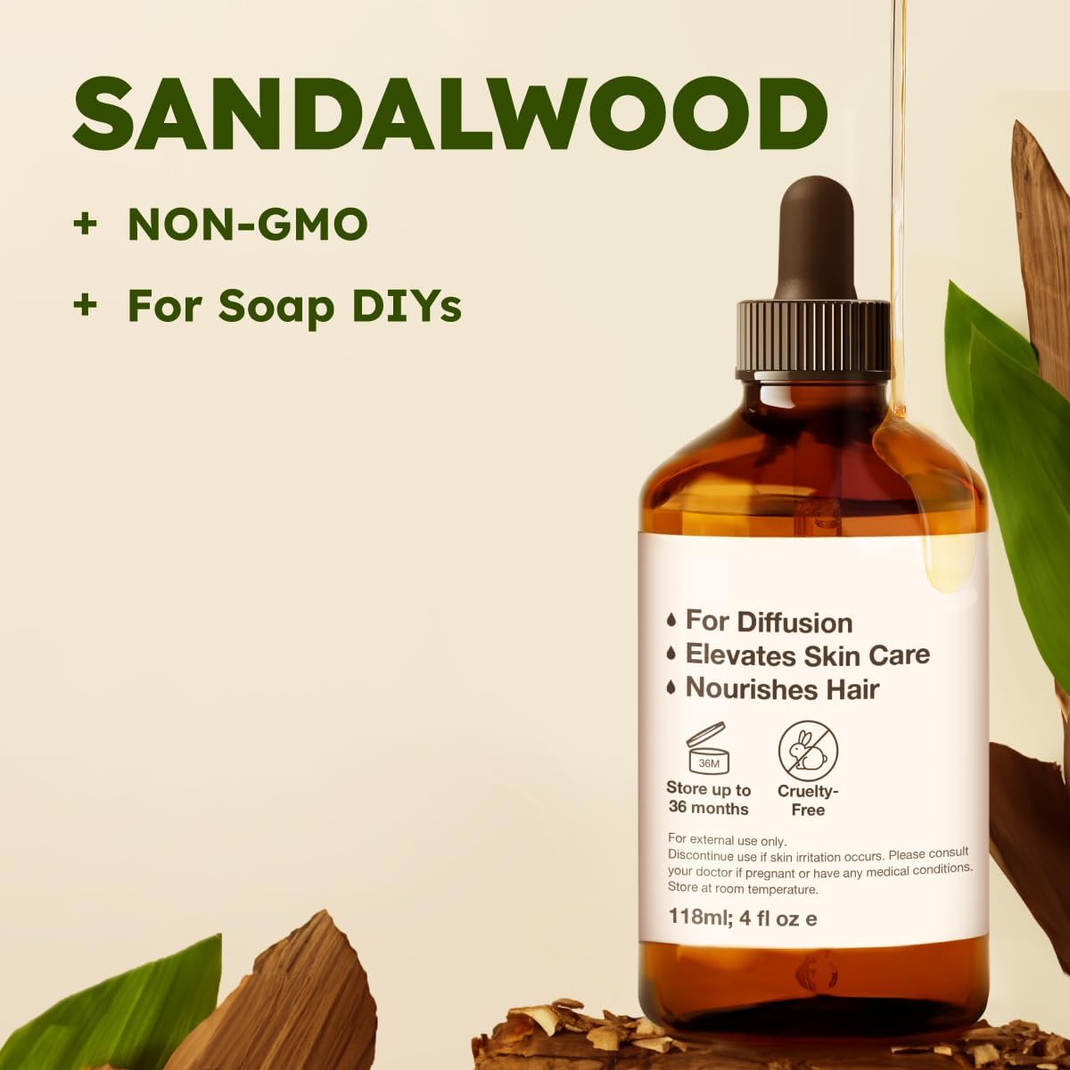 Kukka Sandalwood Essential Oil for Diffuser & Skin - 4 Fl Oz - Sandalwood Oil, Woody Scent, for