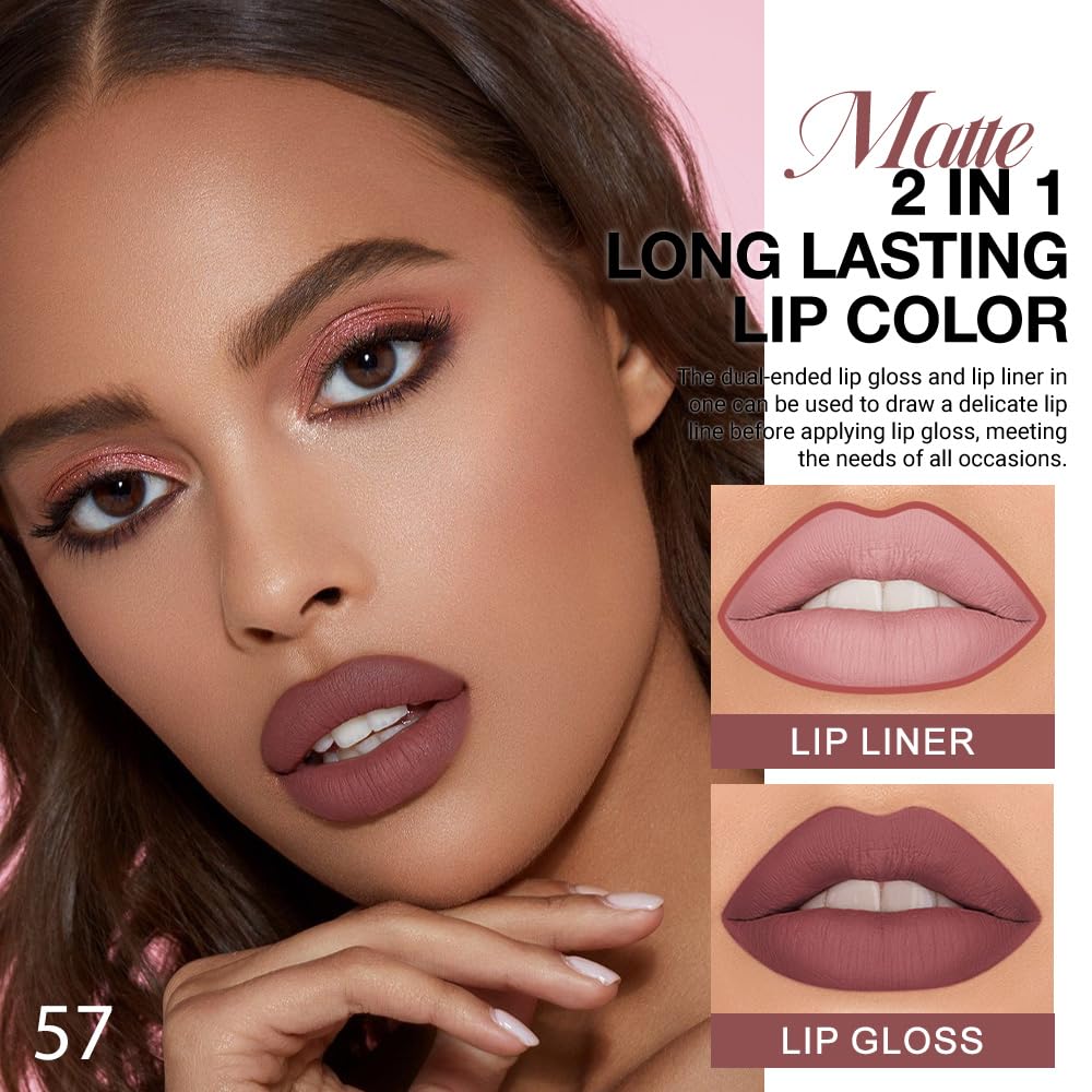 evpct 1Pcs Red Brown Matte Lip Liner & Liquid Lipstick Stain Makeup Set for Women, Red Brown Lip