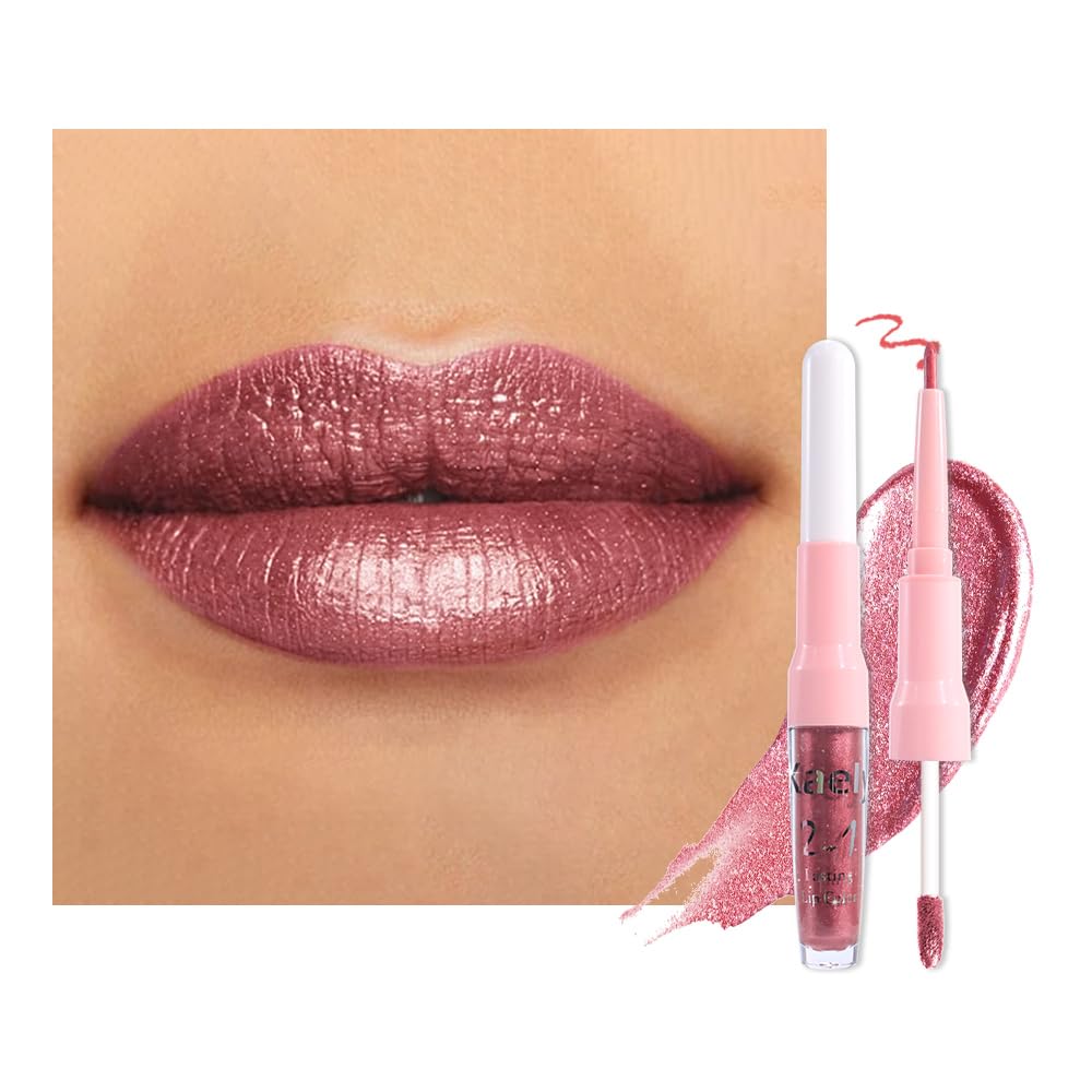 evpct Mauve Pink Metallic Glitter Lip Liner and Lipstick Combo Lip Gloss Stain Set Makeup for Women