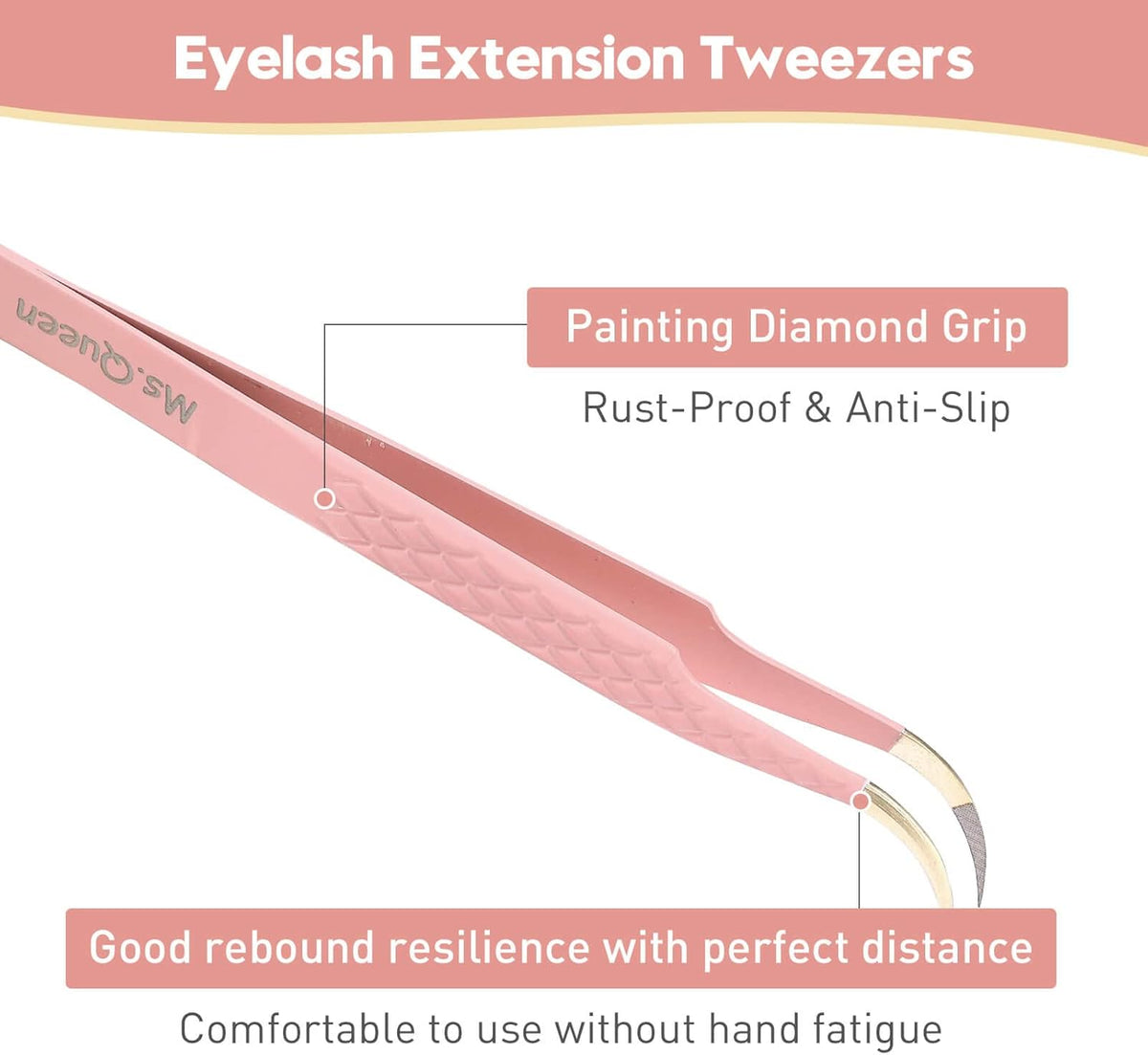 Ms.Queen Eyelash Extension Tweezers, Fiber Tip Grip Curved Lash Tweezers for Volume lashes