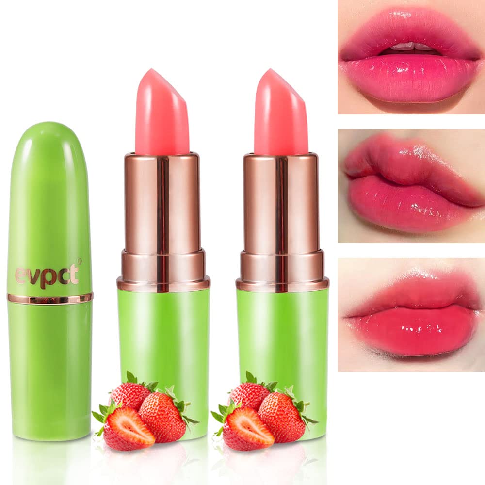 evpct 2Pcs Strawberry Color Changing Lipstick Tinted Lip Balm Gloss Stain Set Magic PH Color