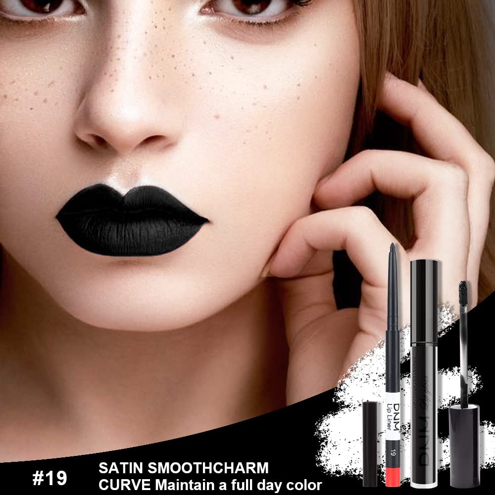 evpct 2Pcs Black Matte Liquid Lipstick and Lip Liner Gloss Stain Pencil Makeup Set Long Lasting
