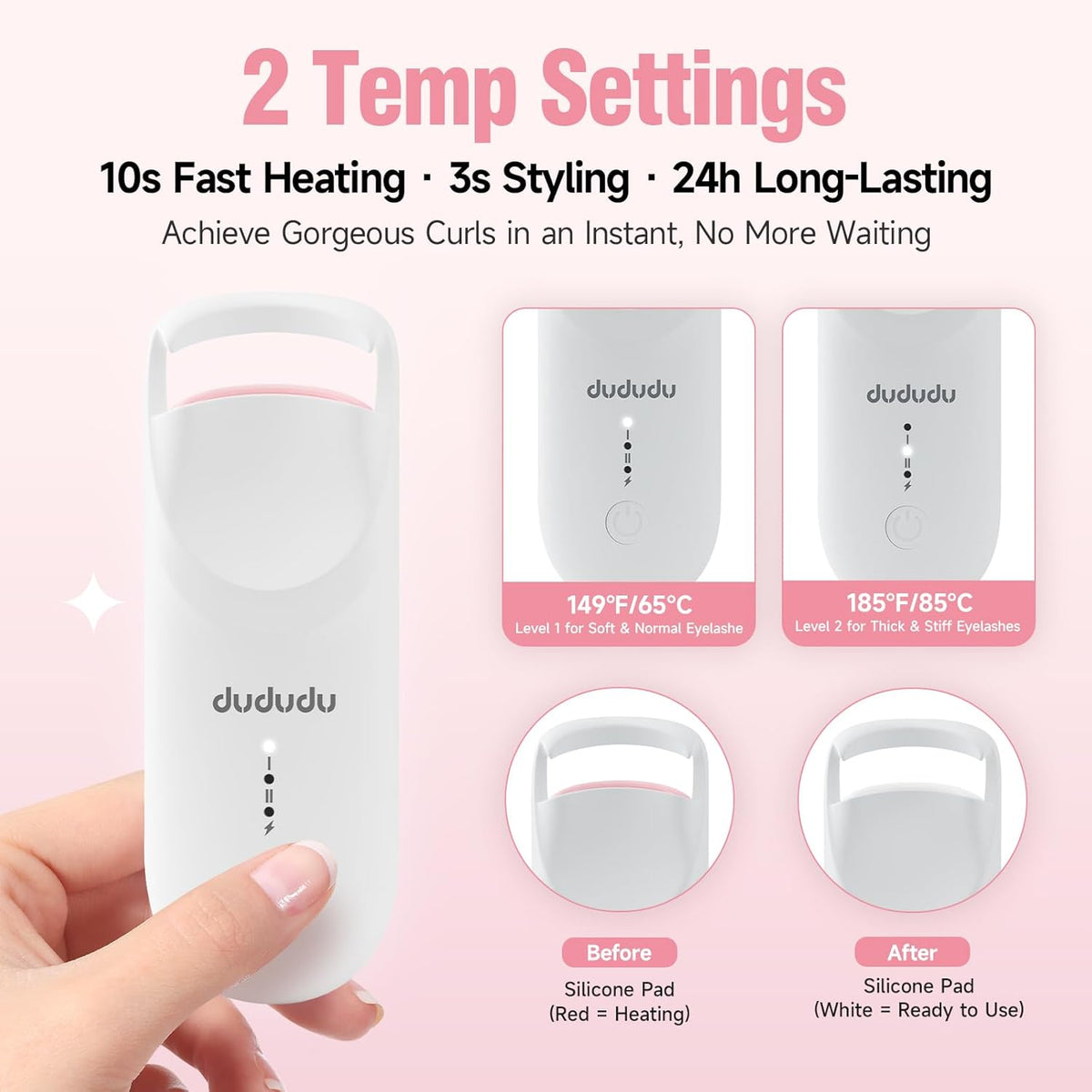 DUDUDU Heated Eyelash Curler, Portable Travel-Size Mini Electric Heated Lash Curler - 2-Level