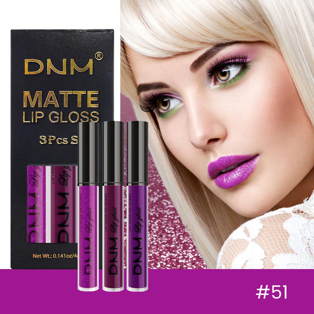 evpct 3Pcs Violet Purple Crystal Metallic Shimmer Glitter Matte Liquid Lipstick Lip Stain Sets for