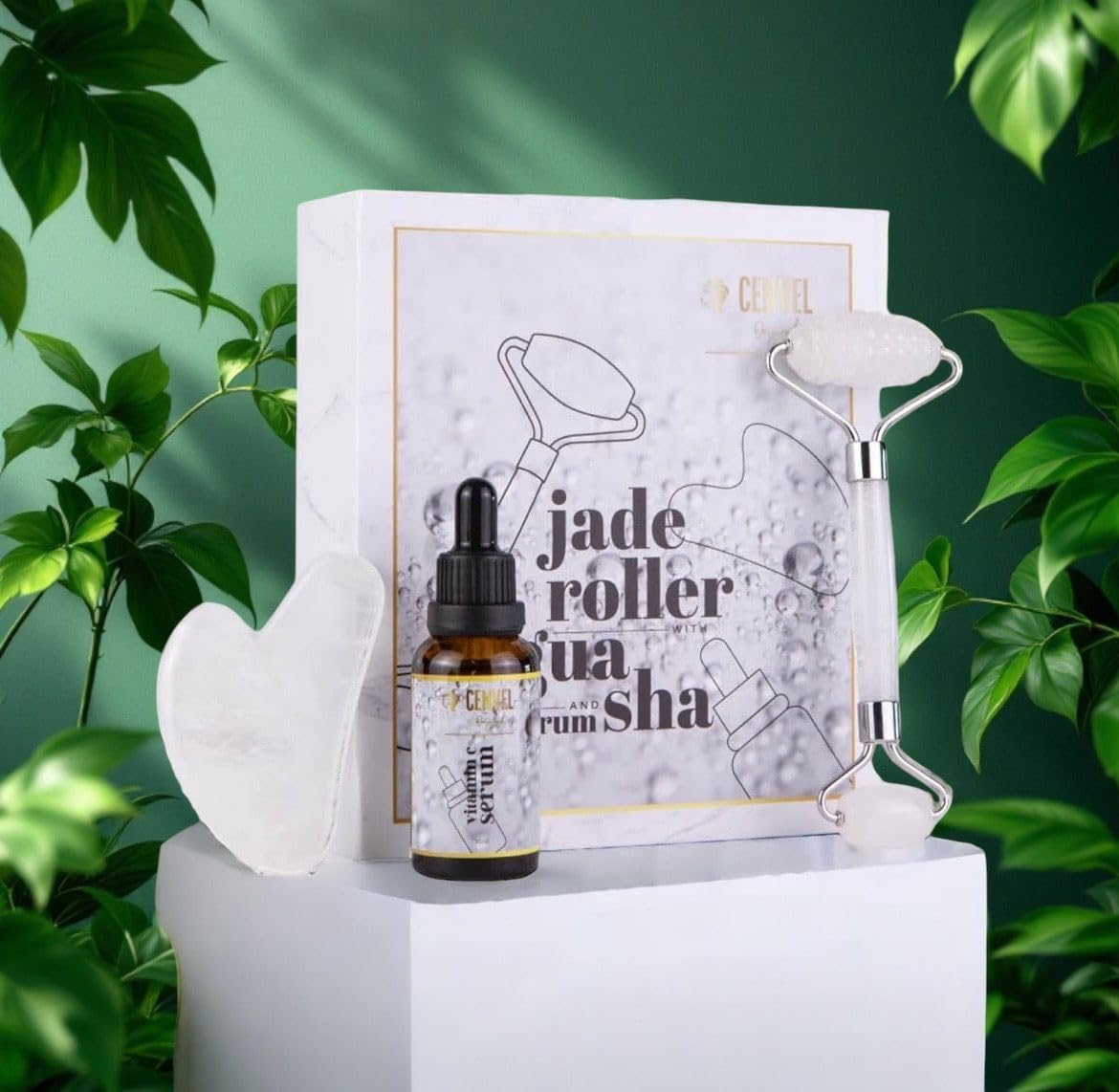 100% Real Crystal Jade Stone Roller and Gua Sha Set with Vitamin C Serum | Great for Eye Puffiness