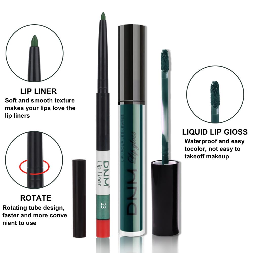 evpct 2Pcs Matte Dark Green Lipstick and Lip Liner Gloss Makeup Set matt Matte Liquid Lipstick Long