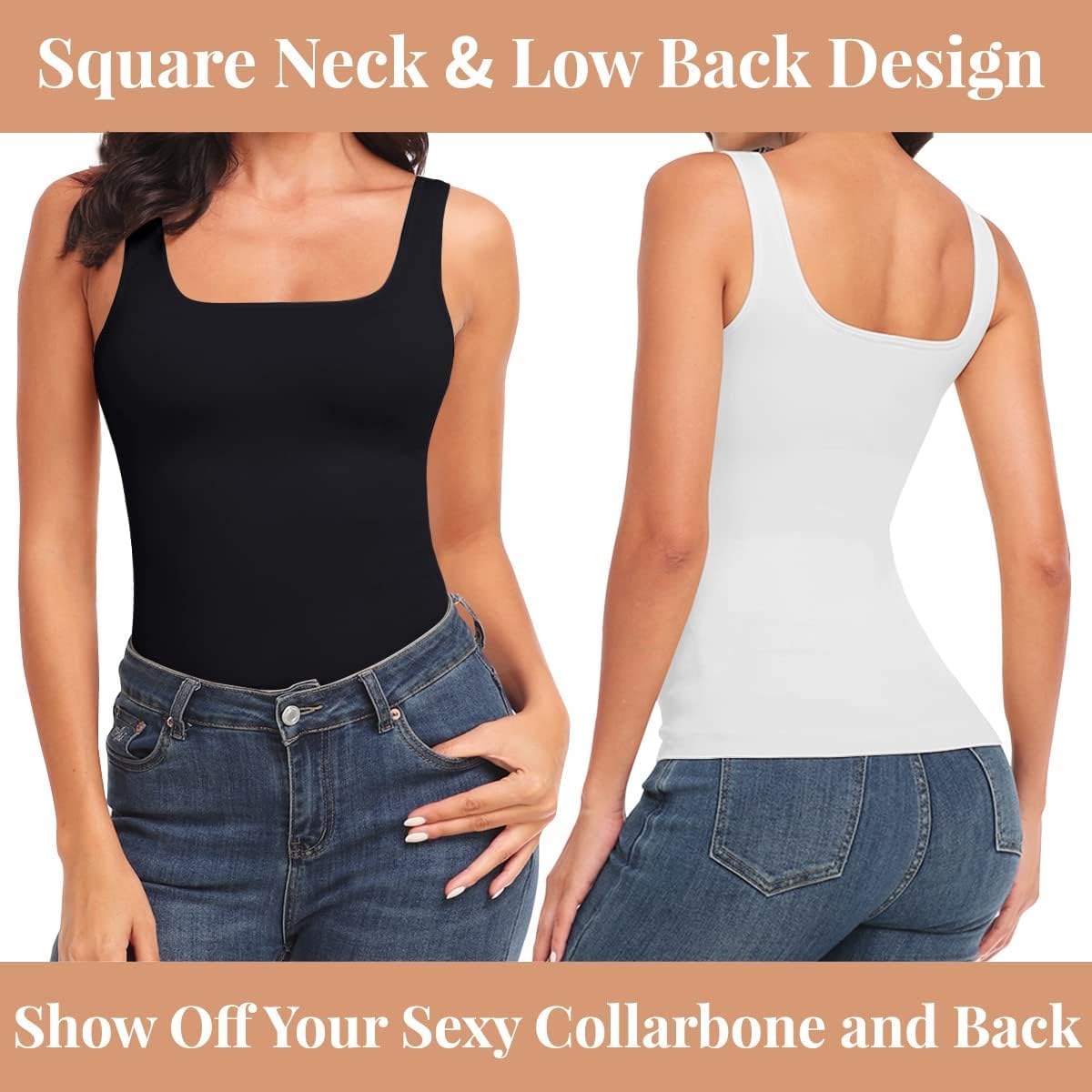 EUYZOU Women's Tummy Control Shapewear Tank Tops Seamless Square Neck Compression Tops Slimming