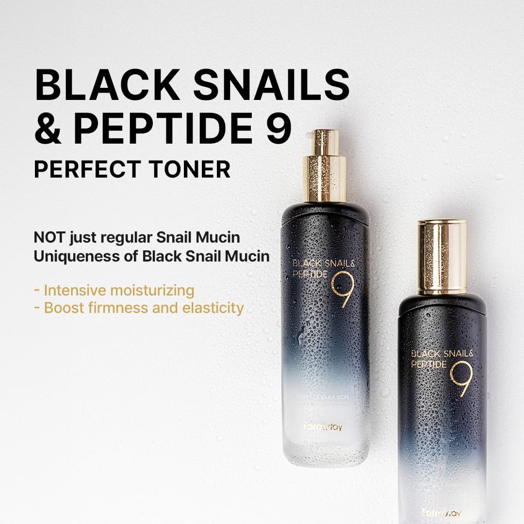 Farmstay Black Snail & Peptide 9 Perfect Toner, Snail Mucin Toner for Elastic & Glow Skin