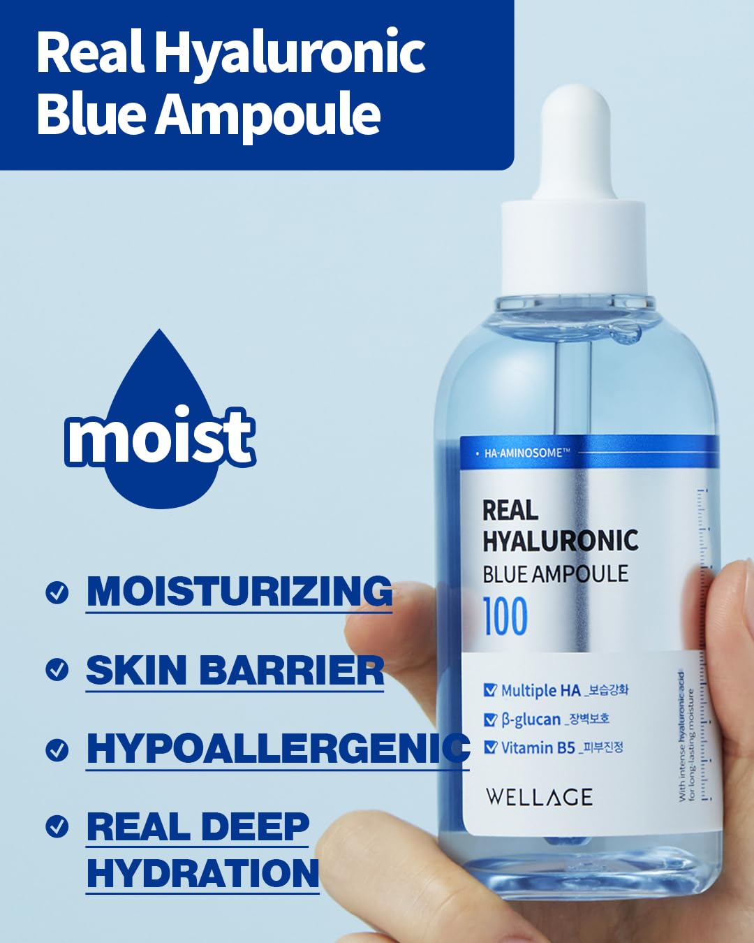 WELLAGE Real Hyaluronic Blue Ampoule 100, Korean Skincare, Fragrance Free Hyaluronic Acid Serum