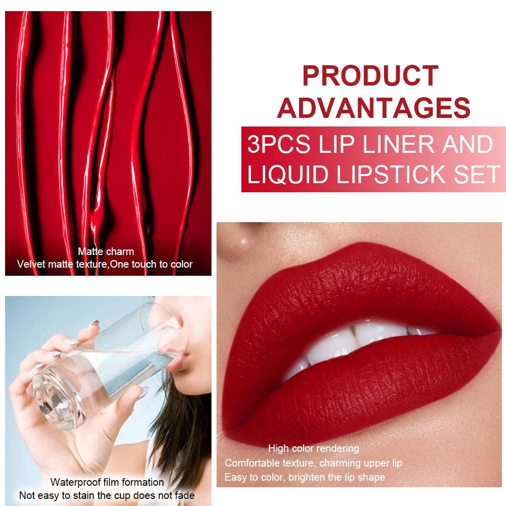 evpct 3Pcs Dark Brown Ruby Deep Red Matte Lip Liner Pencil and Liquid Lipstick Sets for Women Long