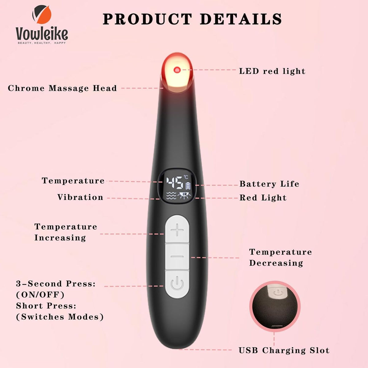 Eye Lift Wand, 3 in 1 Vibrating 98°F to 113°F LCD Eye Massager for Dry Eyes, Dark Circles and